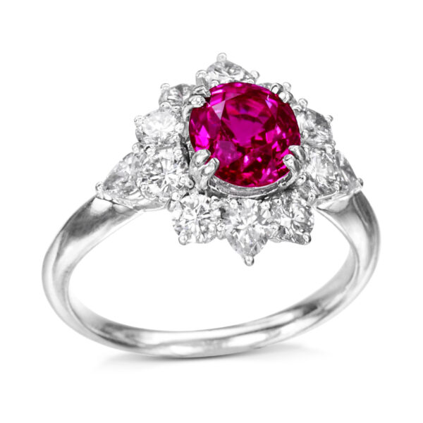 Burmese Pink Sapphire and Floral Diamond Halo Ring